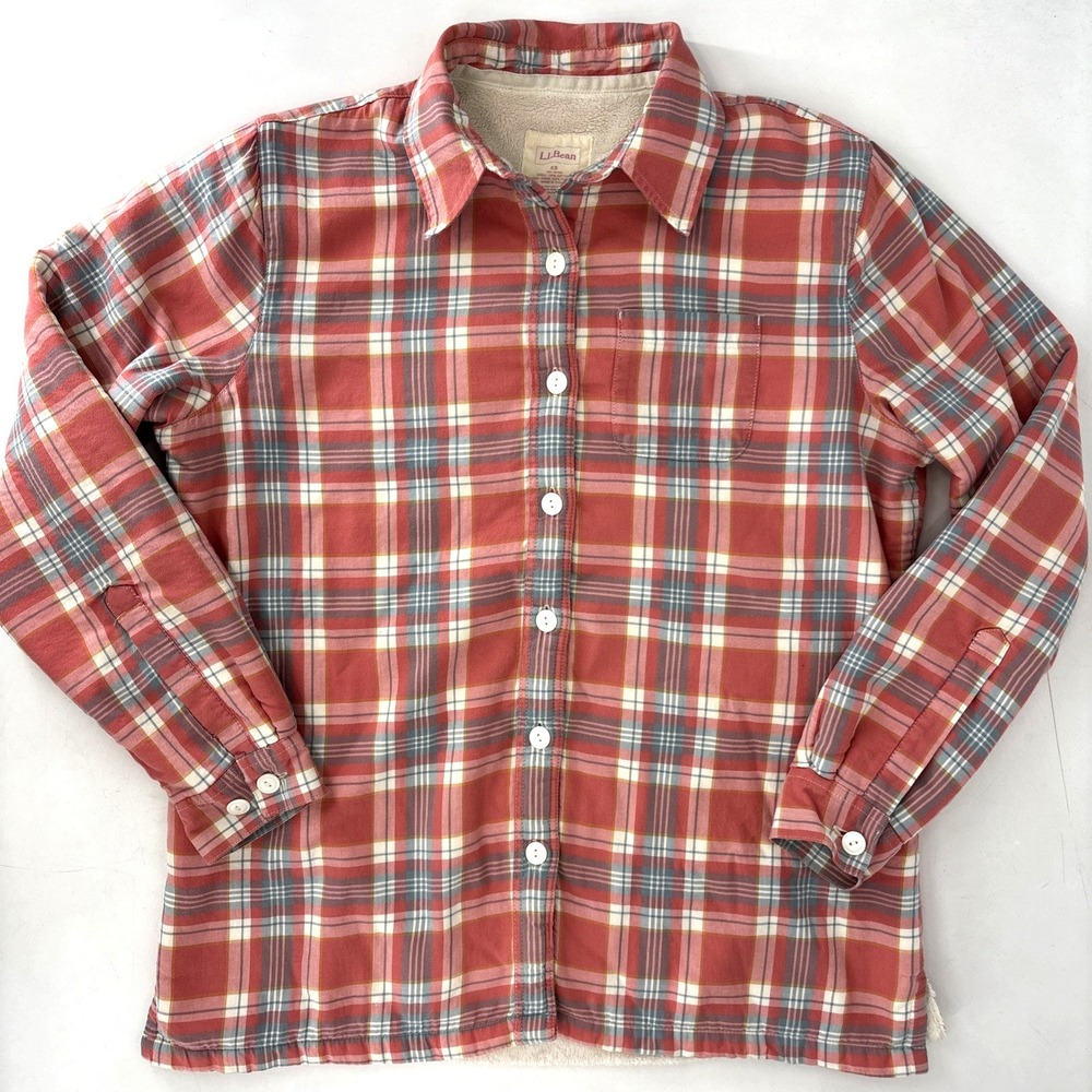 LL Bean Pink‎ Plaid Sherpa Fleece Lined Flannel Shirt Jacket Shacket XS Cotton
